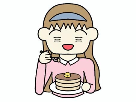 ホットケーキを食べる女性 ホットケーキ,女性,可愛い,ポップ,スイーツのイラスト素材
