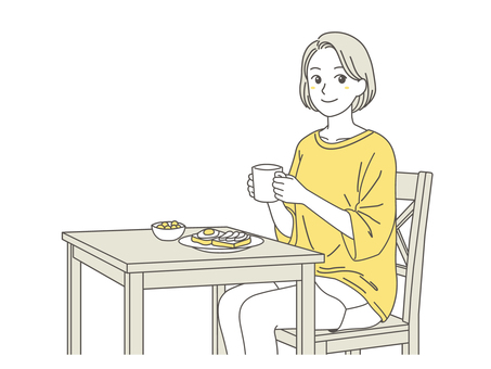 朝食を食べる女性1 女性,朝食,パン,目玉焼き,野菜,サラダ,イス,テーブル,コップ,マグカップのイラスト素材