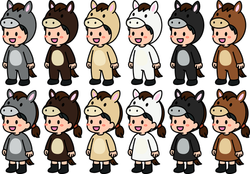 馬の着ぐるみの子供たちです。 馬,着ぐるみ,シンプル,子供,コスチューム,コスプレ,動物,ファッション,パーティー,イベントのイラスト素材