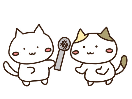 取材インタビュー白ねこと答える三毛猫 インタビュー,新聞記者,ニュース,メディア,動物,ねこ,かわいい,手書き,ゆるい,シンプルのイラスト素材