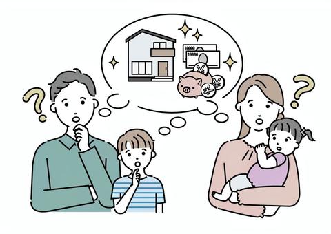 資産形成について考える親子　セット 家族,夫婦,親子,お金,赤ちゃん,子ども,資産,資産形成,家,住宅のイラスト素材