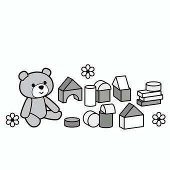 積み木とクマのぬいぐるみ_モノクロ おもちゃ,玩具,積み木,ブロック,ぬいぐるみ,テディベア,くま,お花,花,ファンシーのイラスト素材
