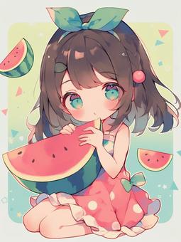 スイカモチーフの服装をした女の子