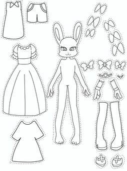 うさぎのペーパードール線画セット ペーパードール,かわいい,うさぎ,線画,塗り絵,洋服セット,切り取り線のイラスト素材