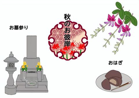 秋のお彼岸 お墓,お墓参り,ハギ,おはぎ,和菓子,花,植物,食べ物,秋,お彼岸のイラスト素材