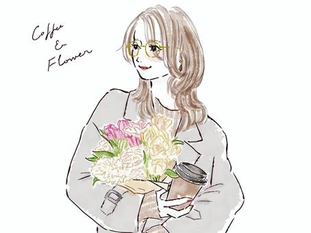 花束とコーヒーを持つコートの眼鏡の女性 女性,花束,コーヒー,めがね,ブーケ,コート,ナチュラル,リーフ,挿絵,美しいのイラスト素材