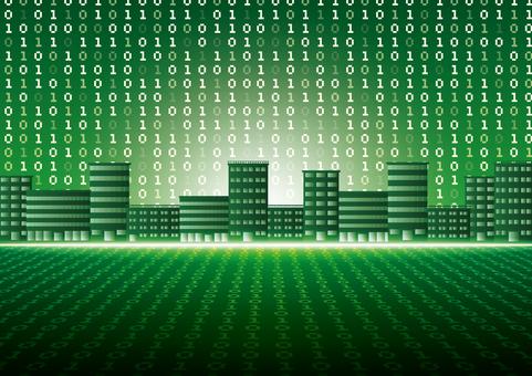 マトリックスとサイバーな都市 デジタル,サイバー,ビジネス,都市,ビル,オフィス,数字,マトリックス,スタイリッシュ,緑色のイラスト素材