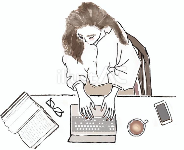 女性　PC　本　眼鏡　スマホ　コーヒー 女性,pc,ビジネスのイラスト素材