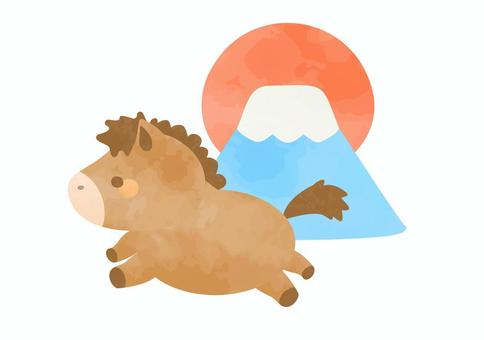 かわいいウマと富士山のイラスト お正月,2026年,馬,動物,年賀状素材,干支,かわいい,富士山,太陽,日の出のイラスト素材