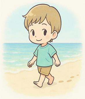 砂浜を歩く男の子