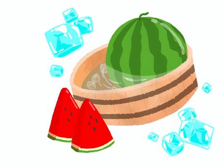 冷やしスイカ 夏,スイカ,冷やし,氷,フルーツ,木桶のイラスト素材