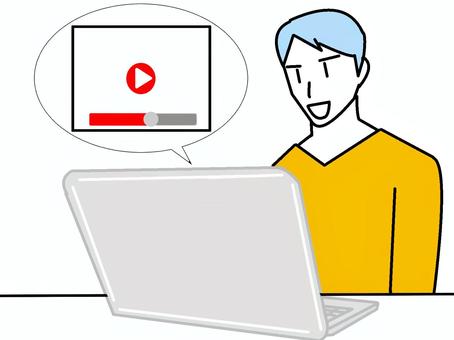 動画視聴する男性 動画,動画視聴,再生,ノートパソコン,パソコン,pc,視聴,youtube,ムービー,映像のイラスト素材