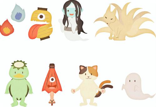 お化けイラスト手書き風 妖怪,お化け,ゆるい,かわいい,日本,夏,和風,幽霊,化け物,九尾のイラスト素材