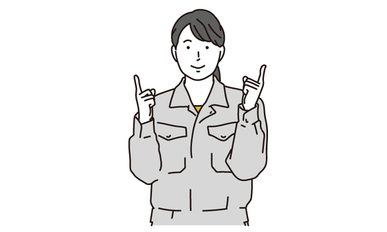 上に指差しする作業服を着た女性のイラスト 作業員,指差し,案内,お知らせ,整備士,引っ越し業者,工務店,作業服,ベクター,人物のイラスト素材