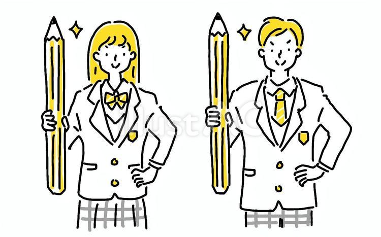 大きなえんぴつを持つ男女高校生のイラスト 高校生,中学生,えんぴつのイラスト素材