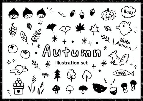 秋のイラストセット　白黒 秋,autumn,紅葉,落ち葉,葉っぱ,木の実,柿,ぶどう,栗,さんまのイラスト素材