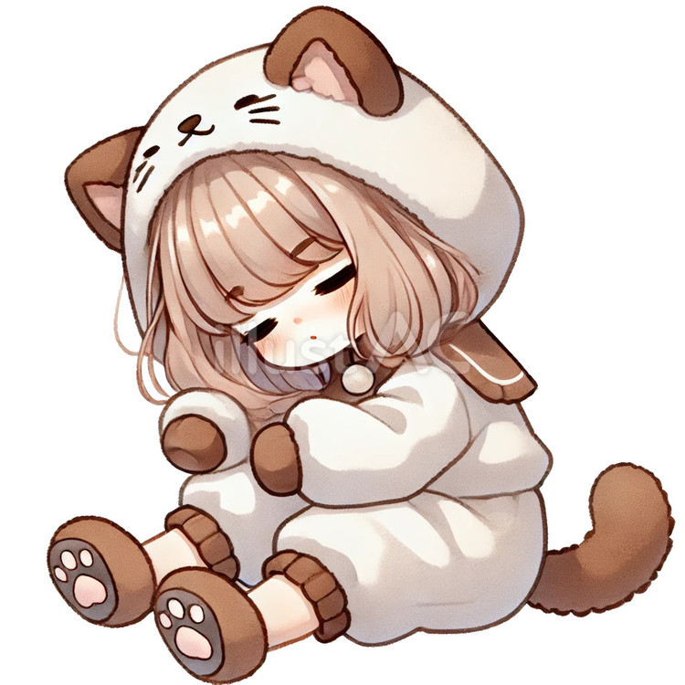 ネコの着ぐるみを着た女の子 ちびキャラ,猫耳,フードのイラスト素材