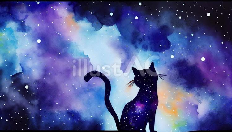 原画#3590 黒猫　星空　ベネチア　水彩画　ドローイング　アート　絵　イラスト 原画#3857 黒猫 ハワイ 海 星空 水彩画 ドローイング 絵画