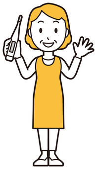  エプロンおばちゃん(黄)-187-全身 体温計,おばちゃん,エプロン,お母さん,ママ,中年,おばさん,主婦,人物,かわいいのイラスト素材