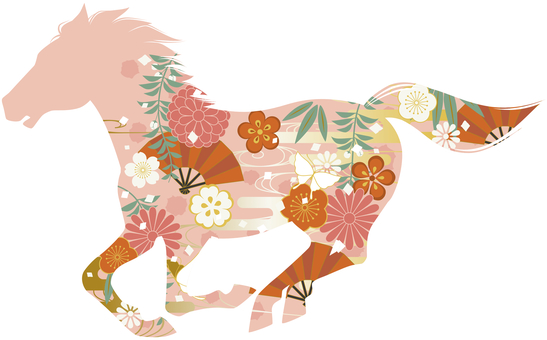 煌びやかな花々、蝶、扇をあしらう駆ける馬