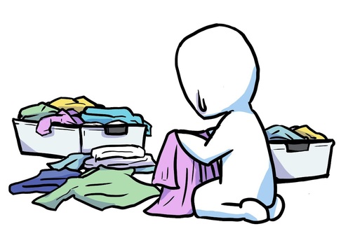 服を捨てられず迷う人 片付け,整理整頓,捨てられない,服,衣類整理,掃除,迷う,収納,シンプル,棒人間のイラスト素材