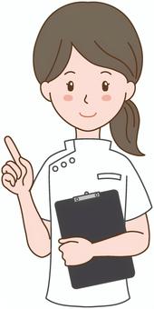 指差ししている白衣の女性 白衣,女性,看護師,カイロプラクター,セラピスト,整体師,施術者,クリニック,指差し,笑顔のイラスト素材