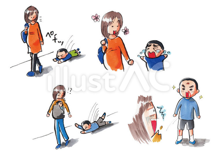 子どももが転ぶ＿手描きマンガ＿手書き 妊婦,赤ちゃん,抱っこ紐のイラスト素材