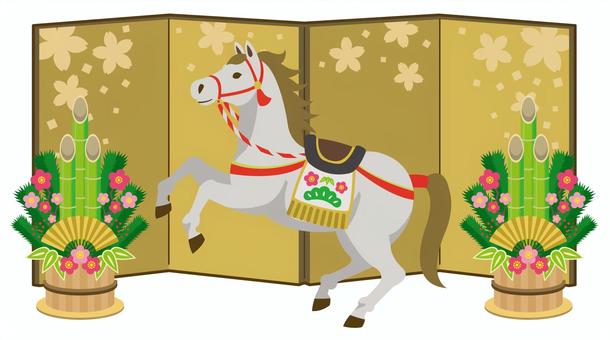 正月飾りの馬と屏風(白毛)_25 正月飾りの馬と屏風(白毛)_25 馬,午年,年賀状,午,干支,リアル,年賀状素材,年賀はがき,素材,2026年のイラスト素材