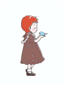 少女と青い鳥_2の2 少女,女の子,青い鳥,ワンピース,横顔,ブラウン,赤毛,そばかすのイラスト素材