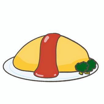 ケチャップたっぷりオムライスのイラスト オムライス,食べ物,卵料理,洋食,ご飯,ブロッコリー,ケチャップ,かわいい,シンプル,手書き風のイラスト素材