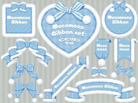 モコモコリボンセット blue リボン,もこもこ,ふわふわ,ポンポン,ファー,ボア,マフラー,フレーム,もふもふ,ドットのイラスト素材
