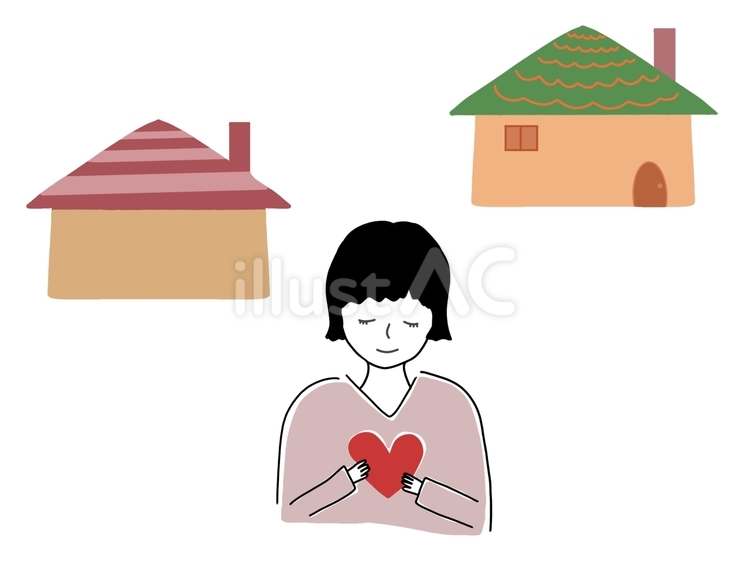 ハートを抱きしめる女性/家 女性,家,優しさのイラスト素材