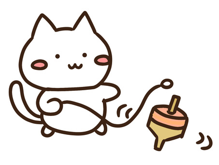お正月にこま回しで遊ぶかわいい白ねこ こま回し,お正月,新年,年始,伝統,遊び,遊ぶ,ねこ,昔,こまのイラスト素材