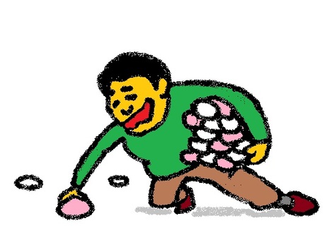 紅白餅を拾いまくる大学生 男性,腹ペコ,若者,紅白,おもちのイラスト素材