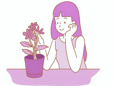 花を愛でる女性 花,女性,植物,育てる,愛でる,見つめる,鉢,女の人,人,かわいいのイラスト素材