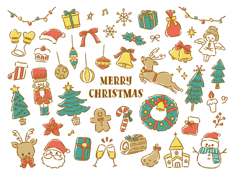 クリスマス　手書き線画イラストセット クリスマス,冬,サンタ,トナカイ,ツリー,線画,天使,プレゼント,リース,星のイラスト素材