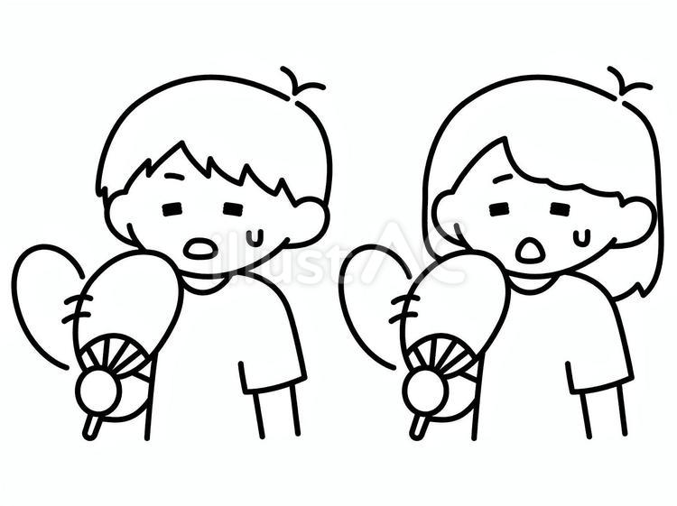 うちわで涼む人（線画） 夏,暑さ対策,うちわのイラスト素材
