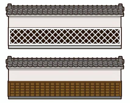 なまこ壁と瓦屋根のある木板の壁（長め） なまこ壁,屋根瓦,伝統建築,日本建築,外構,壁面のイラスト素材