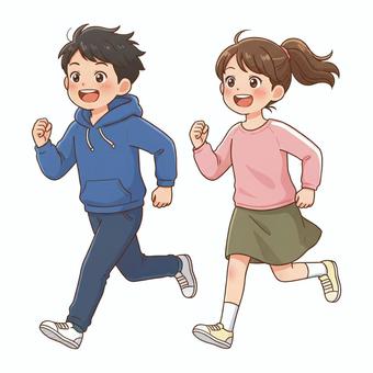 アニメ風の走る小学生の男の子と女の子