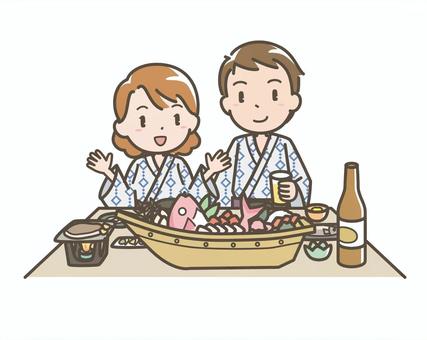 旅行012 温泉,夕食,舟盛り,刺身,旅館,ホテル,旅行,トラベル,旅,バカンスのイラスト素材