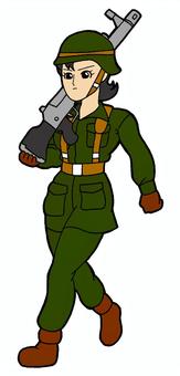 女性　兵隊　イラスト 女性,兵隊,緑色,軍服,ヘルメット,茶色,手袋,くつ,背景,色なしのイラスト素材
