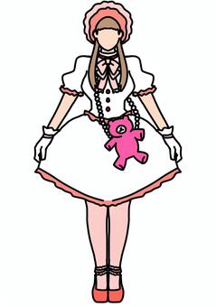 クマを身につけたロリータ　ピンク白 テディベア,フリル,全身,ワンピース,ロリータ,ピンク,白,正面のイラスト素材