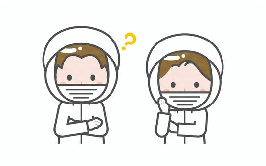 ミニ_2人_衛生服の男女04 男性,女性,大人,職業,仕事,衛生服,防護服,清掃員,工場,病院のイラスト素材