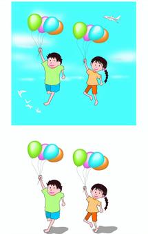 Illustration, children, balloon, jump, JPG, PNG and AI