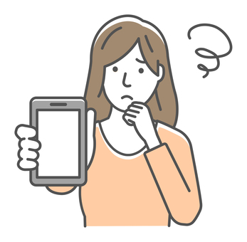 スマホの画面と若い女性イラスト 女性,人物,日本人,スマホ,悩む,困る,アジア人,上半身,若い,困惑のイラスト素材