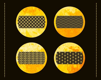 マーブル和柄のイエロー円形バッジセット バッジ,アイコン,円形,サークル,デザイン,エレメント,流体,リキッド,和柄,七宝のイラスト素材