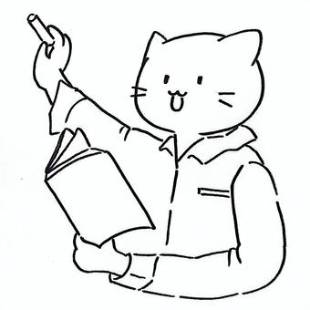 教科書を持つねこ先生(線画) 先生,教師,講師,学校,塾,教科書,黒板,チョーク,ホワイトボード,学習のイラスト素材