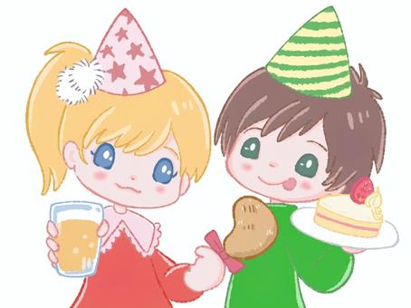 パーティー パーティー,クリスマス,クリスマスパーティー,お祝い,ごちそう,三角帽子,ドリンク,飲み物,コップ,チキンのイラスト素材