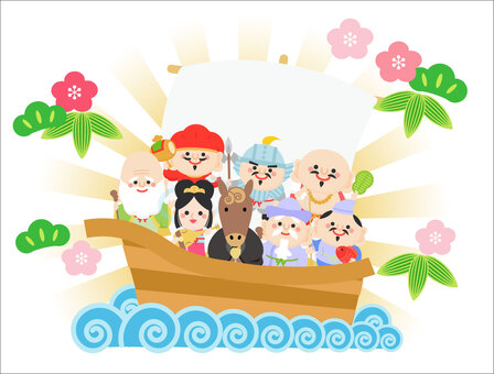 七福神と馬と宝船 七福神,宝船,年賀状,新年,神様,馬,午年,布袋,寿老人,福禄寿のイラスト素材