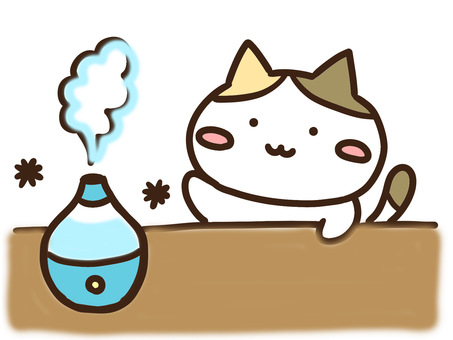 卓上加湿器で湿度を保つかわいい三毛猫 加湿器,加湿,蒸気,ねこ,かわいい,保湿,冬,乾燥,対策,風邪のイラスト素材